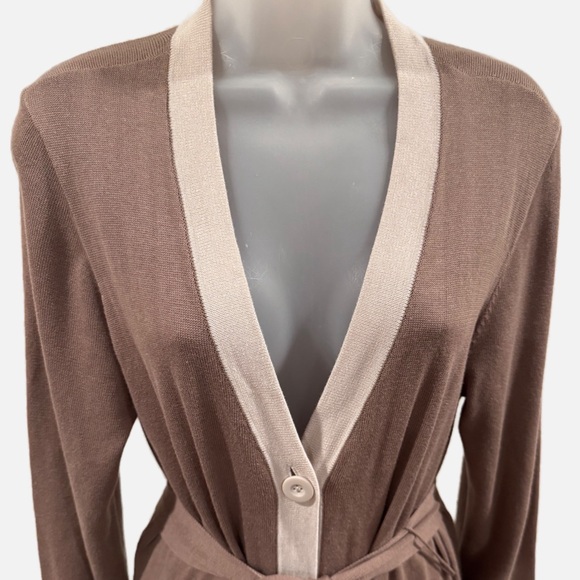 Cabi | Genteel Sweater Long Duster Cardigan In Taupe With Cream Trim - Picture 5 of 8